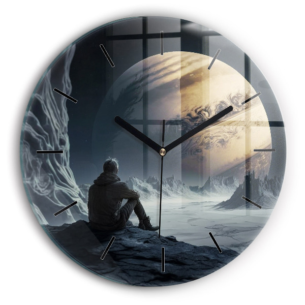 Round glass clock Man in front of the moon