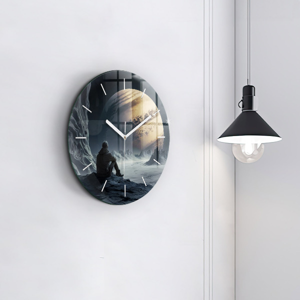 Round glass clock Man in front of the moon