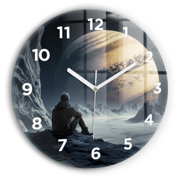 Round glass clock Man in front of the moon