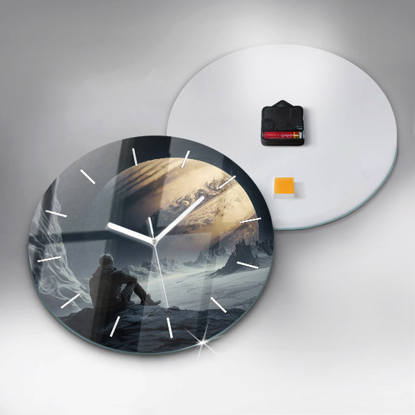 Round glass clock Man in front of the moon