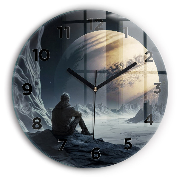 Round glass clock Man in front of the moon