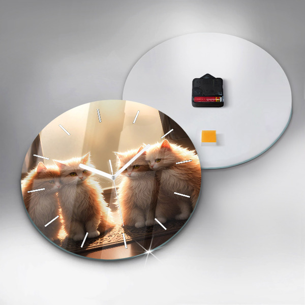 Round glass clock Four Kittens in the Sun