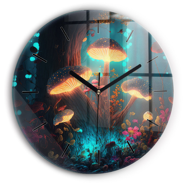 Round glass clock Forest and magic mushrooms