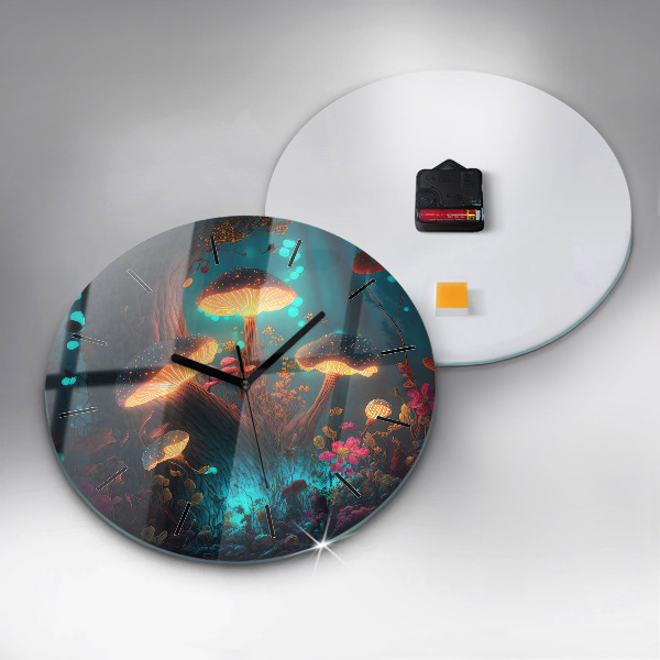 Round glass clock Forest and magic mushrooms