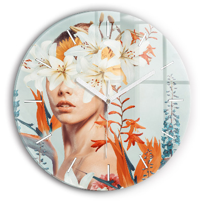 Round glass clock Woman with flowers