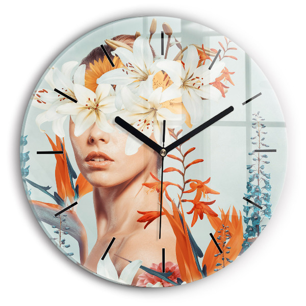 Round glass clock Woman with flowers