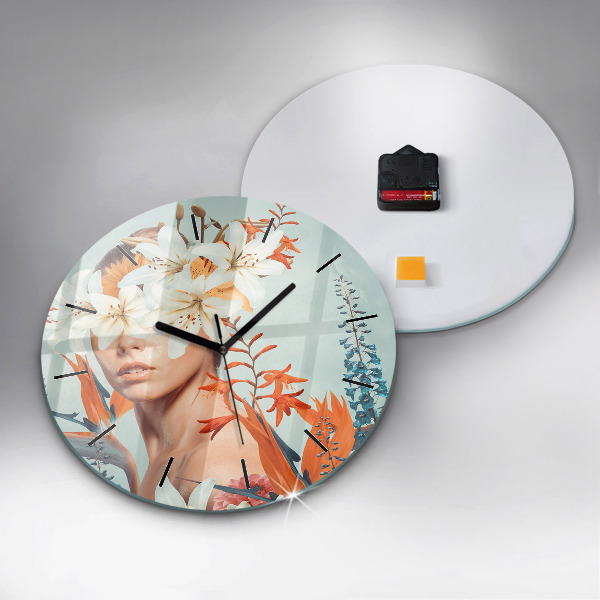 Round glass clock Woman with flowers