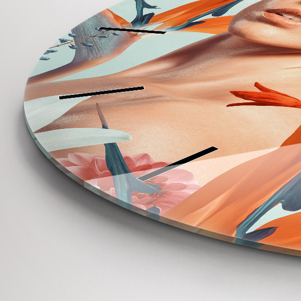 Round glass clock Woman with flowers