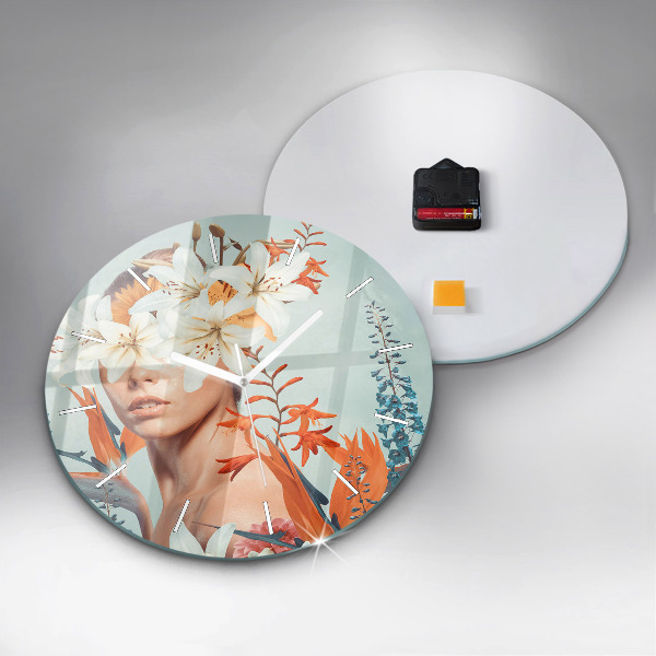 Round glass clock Woman with flowers