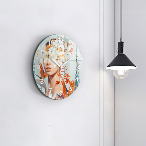 Round glass clock Woman with flowers