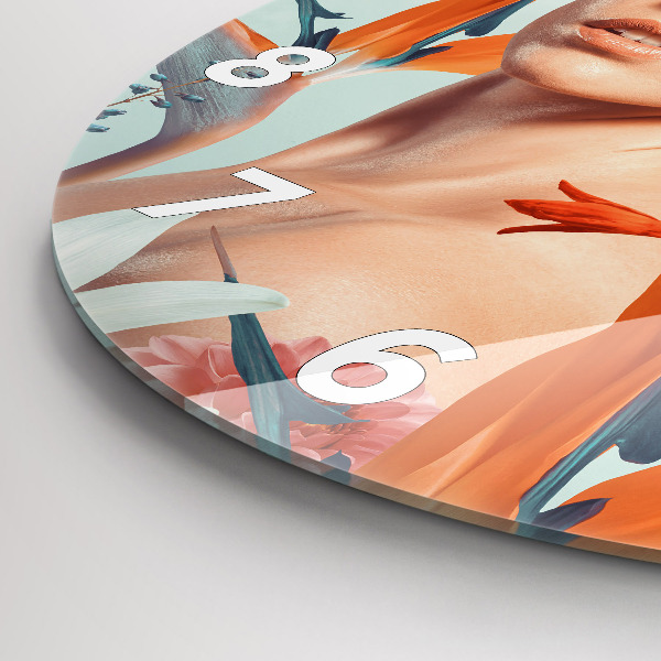 Round glass clock Woman with flowers