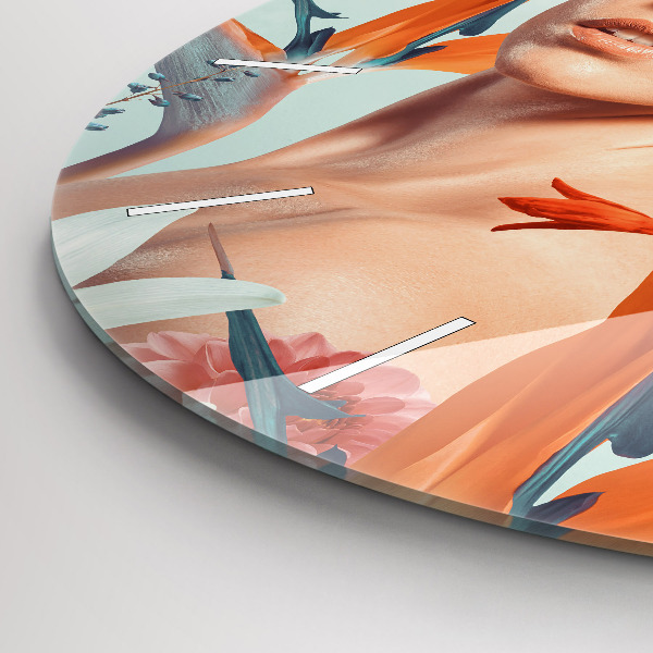 Round glass clock Woman with flowers