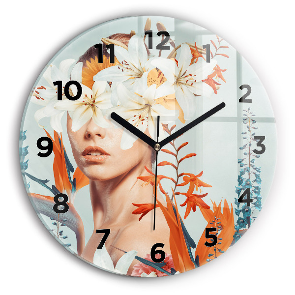 Round glass clock Woman with flowers