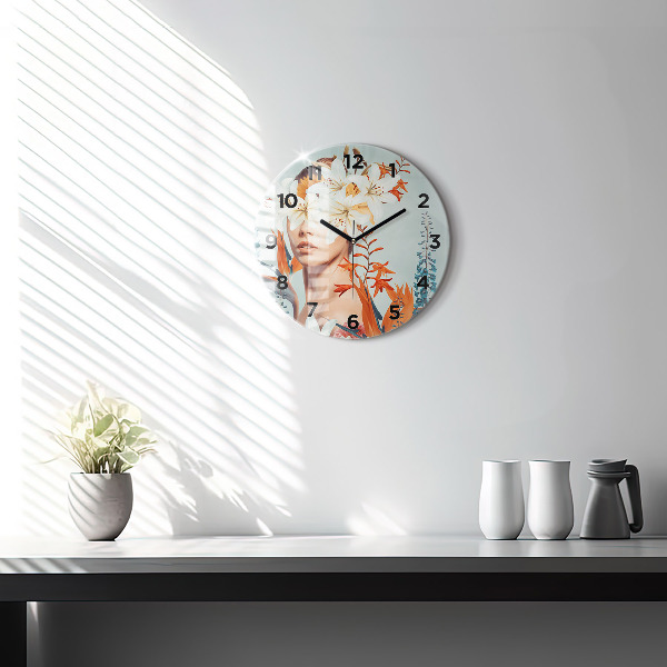 Round glass clock Woman with flowers