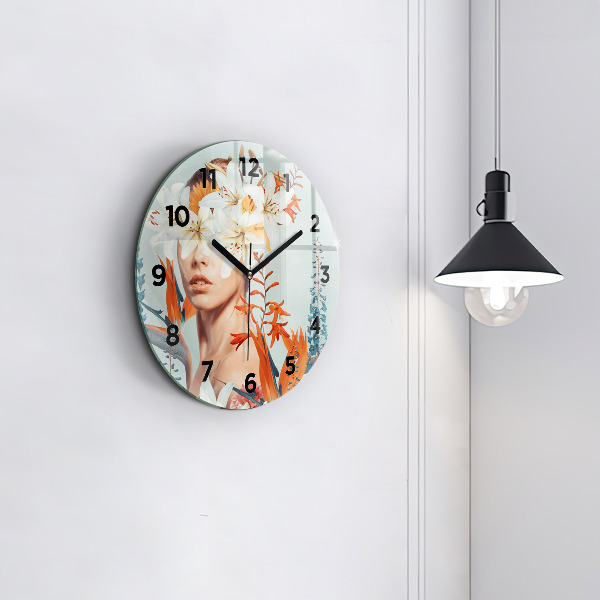 Round glass clock Woman with flowers