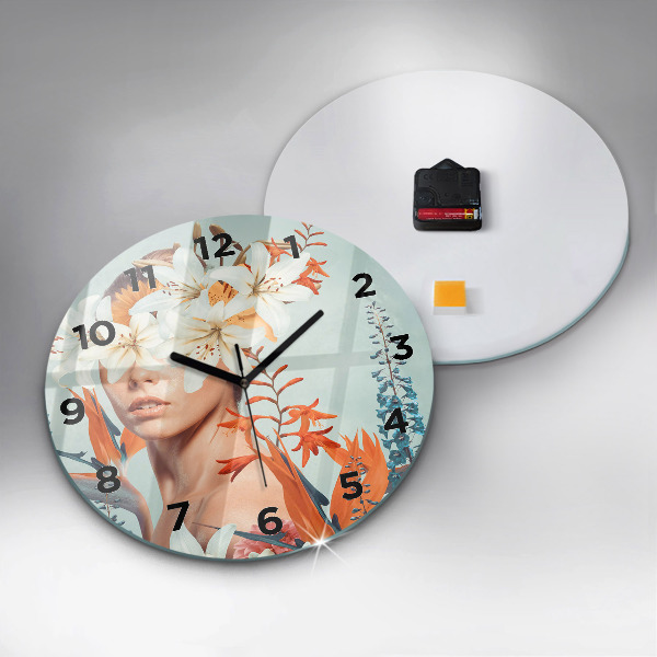 Round glass clock Woman with flowers