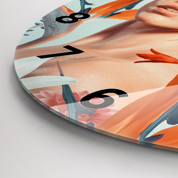 Round glass clock Woman with flowers