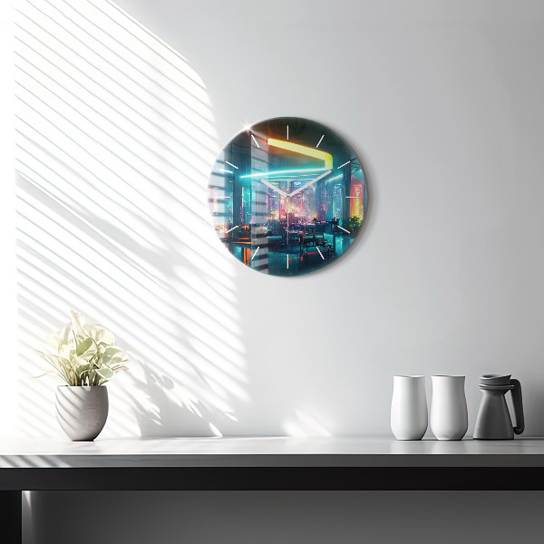 Round glass clock Cyberpunk style city