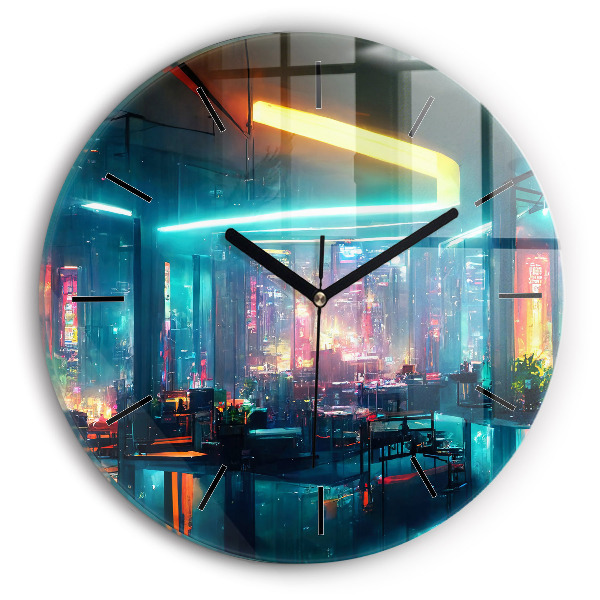 Round glass clock Cyberpunk style city