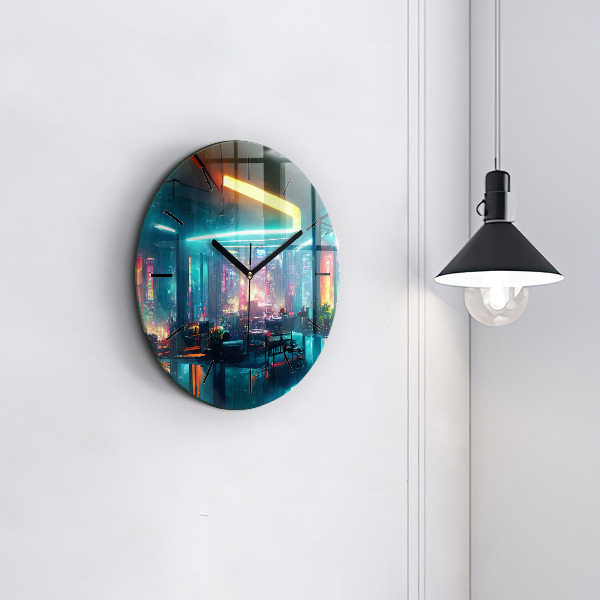 Round glass clock Cyberpunk style city