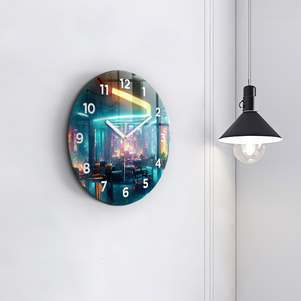 Round glass clock Cyberpunk style city