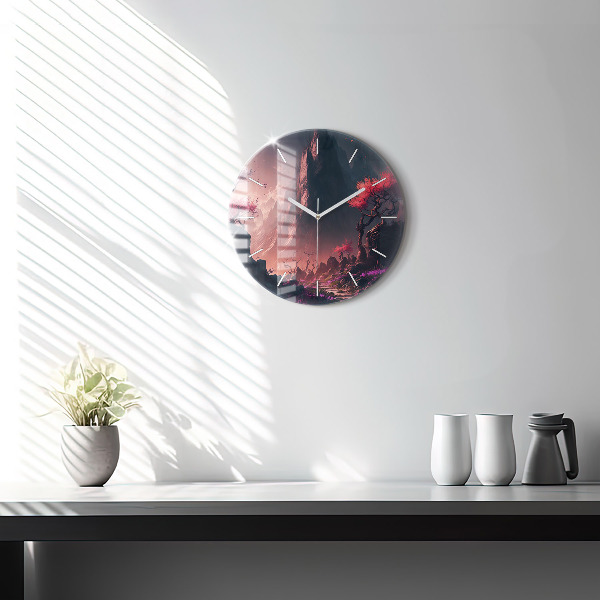 Round glass clock Magical forest and mountains