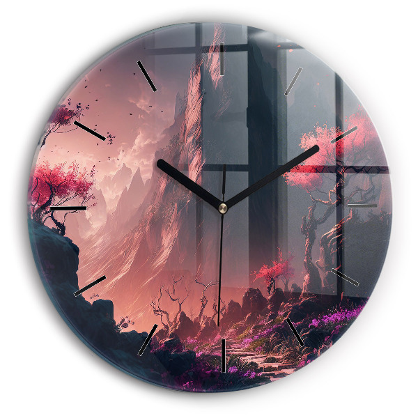 Round glass clock Magical forest and mountains