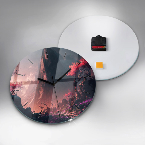 Round glass clock Magical forest and mountains