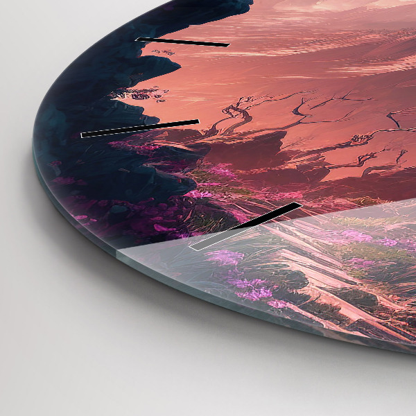 Round glass clock Magical forest and mountains