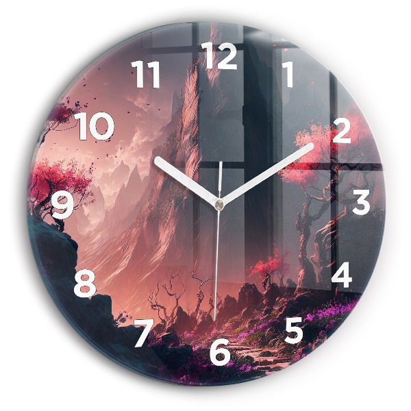 Round glass clock Magical forest and mountains