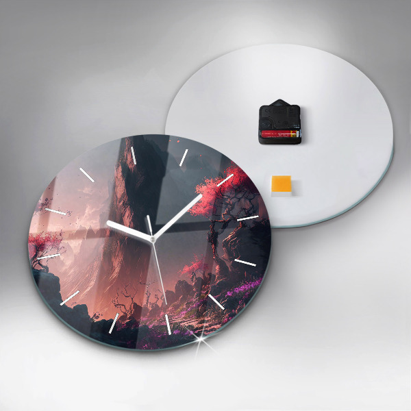 Round glass clock Magical forest and mountains