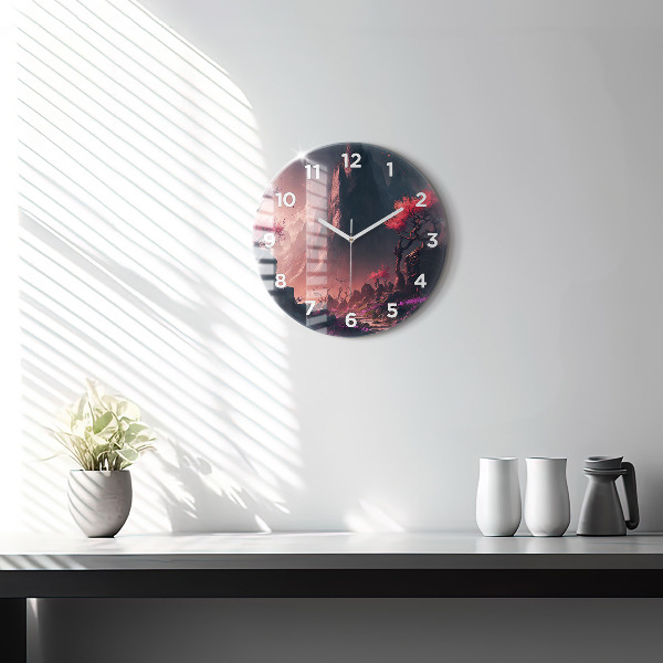 Round glass clock Magical forest and mountains