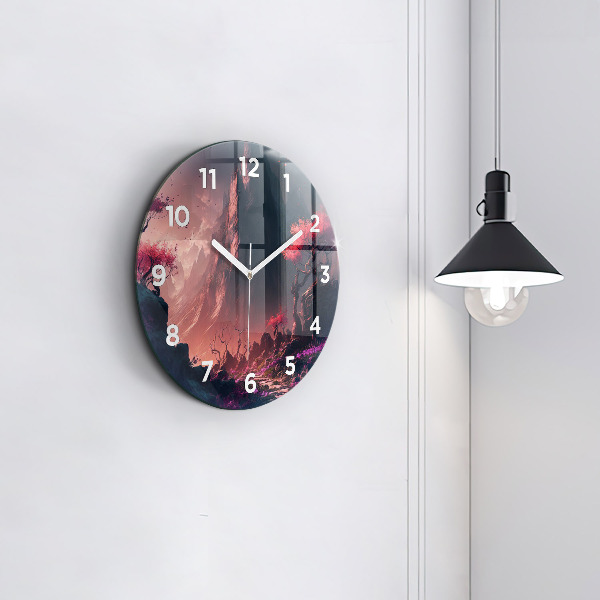 Round glass clock Magical forest and mountains