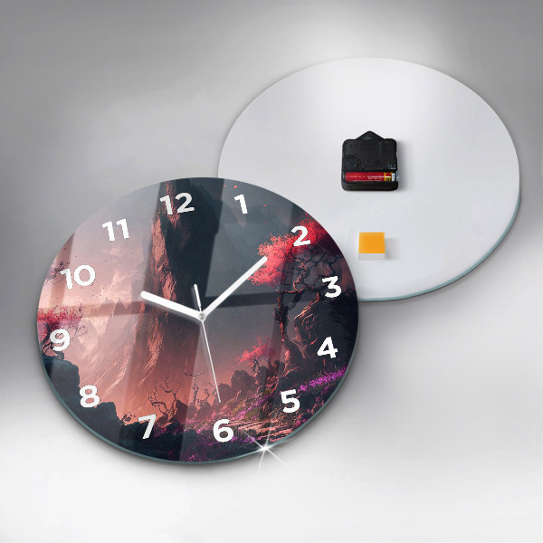 Round glass clock Magical forest and mountains