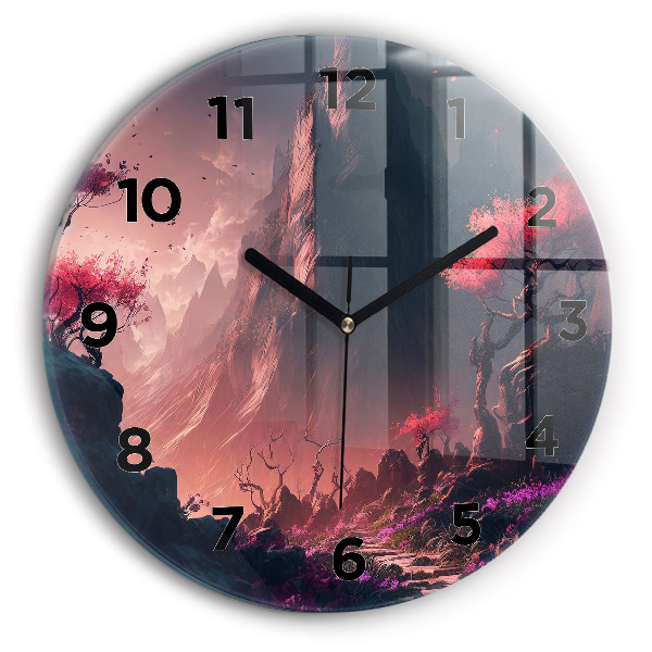 Round glass clock Magical forest and mountains