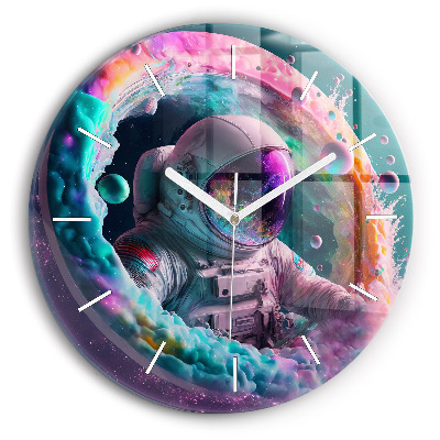 Round glass clock Cosmonaut and colorful clouds
