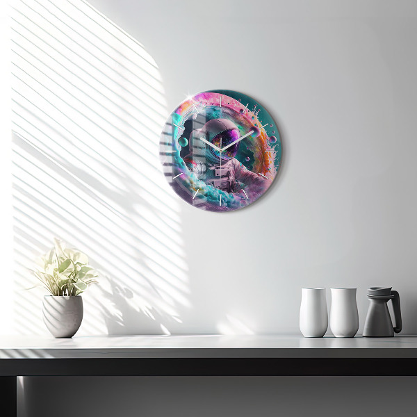 Round glass clock Cosmonaut and colorful clouds