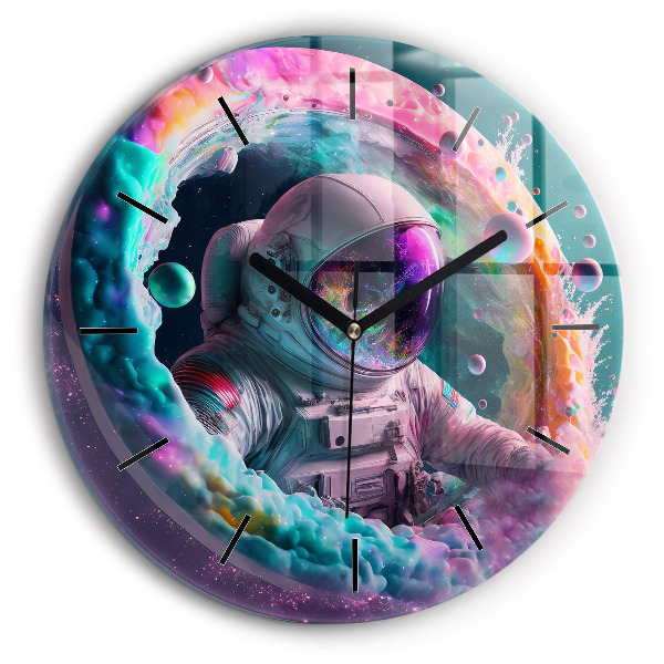 Round glass clock Cosmonaut and colorful clouds