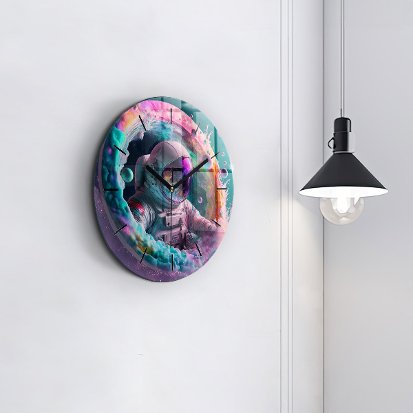 Round glass clock Cosmonaut and colorful clouds