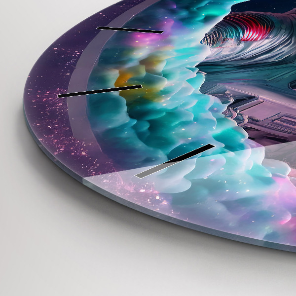 Round glass clock Cosmonaut and colorful clouds