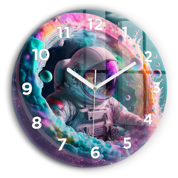 Round glass clock Cosmonaut and colorful clouds