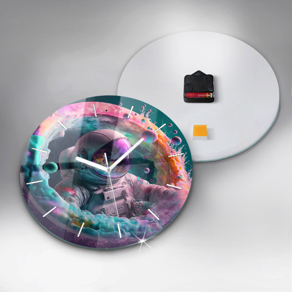Round glass clock Cosmonaut and colorful clouds