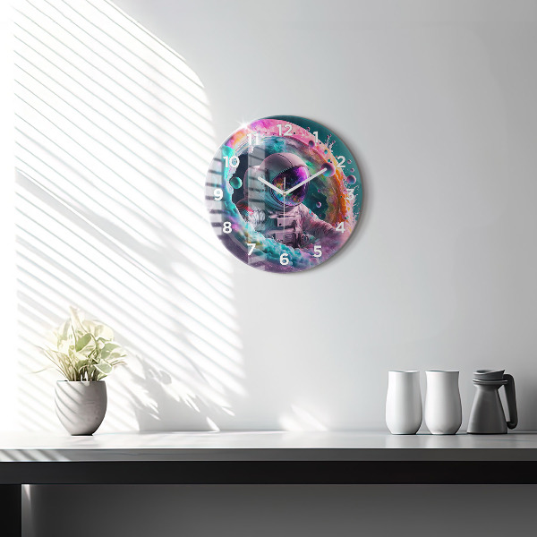 Round glass clock Cosmonaut and colorful clouds