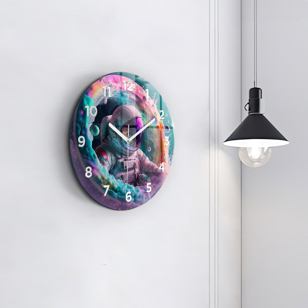 Round glass clock Cosmonaut and colorful clouds