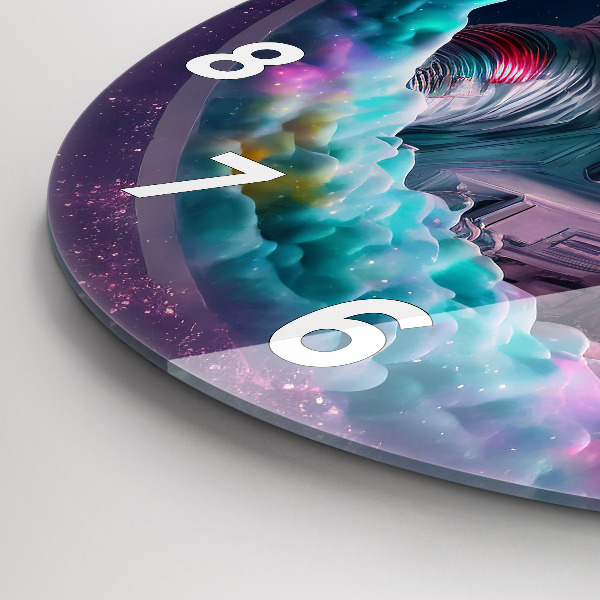 Round glass clock Cosmonaut and colorful clouds