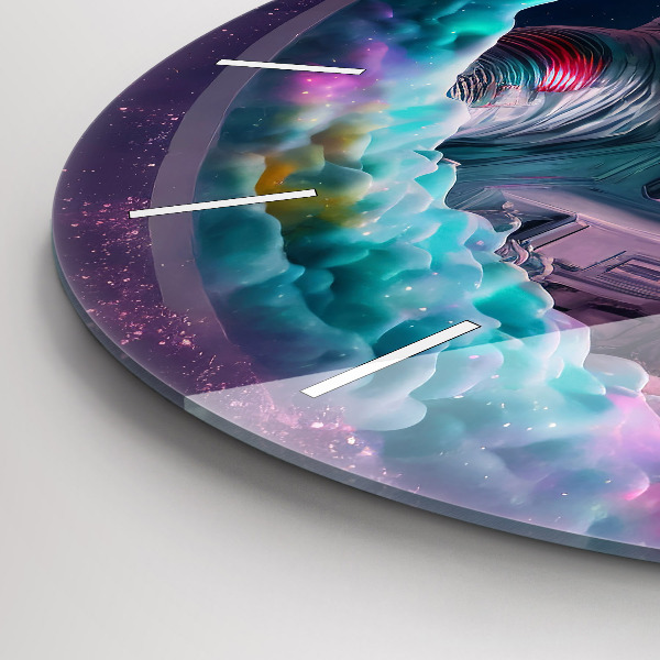 Round glass clock Cosmonaut and colorful clouds