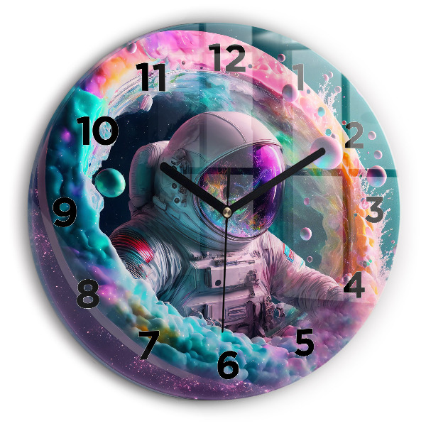 Round glass clock Cosmonaut and colorful clouds