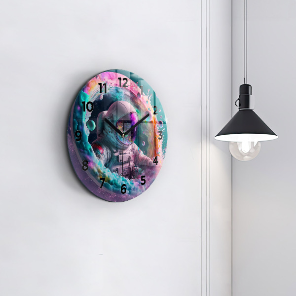 Round glass clock Cosmonaut and colorful clouds