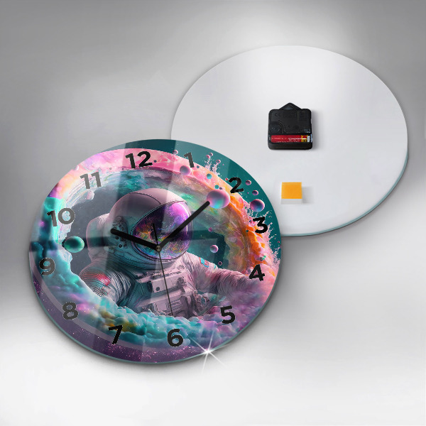 Round glass clock Cosmonaut and colorful clouds