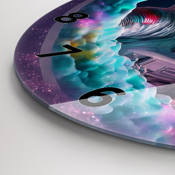 Round glass clock Cosmonaut and colorful clouds